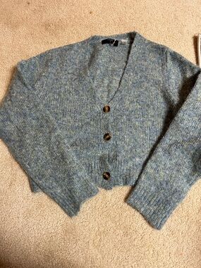 Tahari Heathered Blue V-Neck Button Cardigan